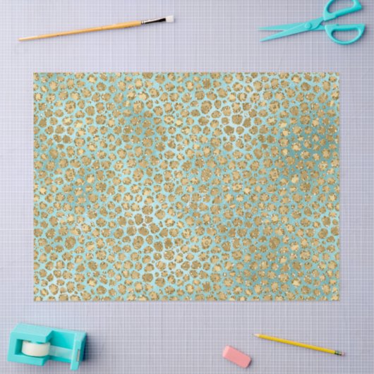 Aqua Mint Gold Glitz Glitter Leopard      Tissuepapier (Craft)