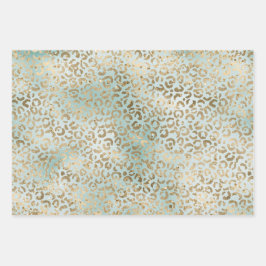 Aqua Mint Gold Glitz Sparkle Leopard Print Inpakpapier Vel