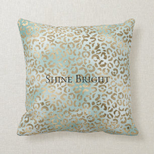 Aqua Mint Gold Glitz Sparkle Leopard Print   Kussen