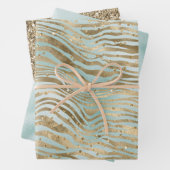 Aqua Mint Gold Glitz Sparkle Zebra Print Inpakpapier Vel (In situ)