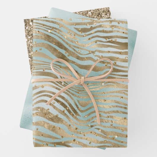 Aqua Mint Gold Glitz Sparkle Zebra Print Inpakpapier Vel (In situ)