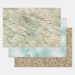 Aqua Mint Gold Glitz Sparkle Zebra Print Inpakpapier Vel