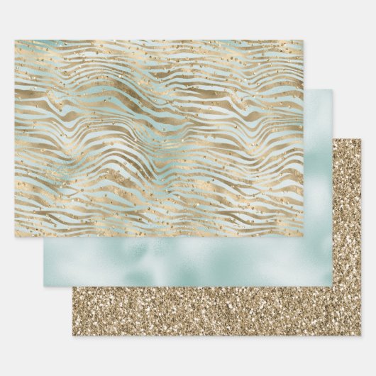 Aqua Mint Gold Glitz Sparkle Zebra Print Inpakpapier Vel (Set)