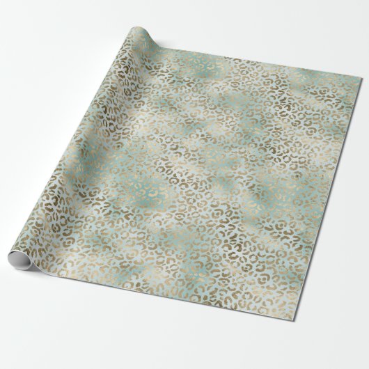 Aqua Mint Gold Leopard Print Cadeaupapier (Uitgerold)