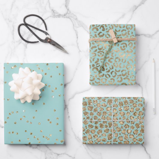  Aqua Mint Gold Sparkle Stippen Leopard     Inpakpapier Vel (Voorkant)