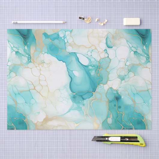 Aqua Mint Goud Wit Marmer Tissuepapier (Craft)