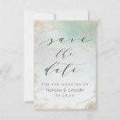 Aqua Mint Green Frosted Gold Glitter Chic Wedding Save The Date (Voorkant)