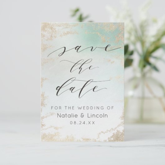 Aqua Mint Green Frosted Gold Glitter Chic Wedding Save The Date (Staand voorkant)