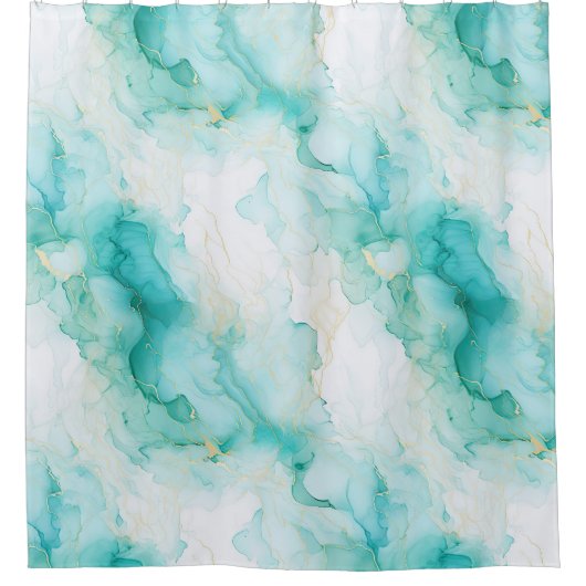 Aqua Mint Groen Goud Wit Marmer Douchegordijn (Voorkant)