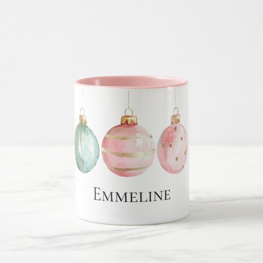 Aqua Mint Roze Goud Kerst Ornamenten Naam Mok (Midden)