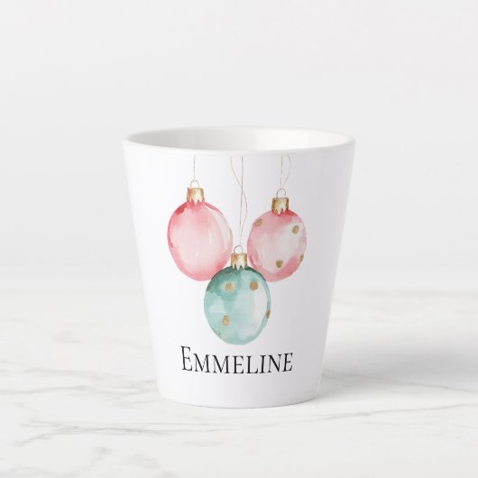Aqua Mint Roze Goud Stippen Kerst Ornamenten Naam Latte Mok (Voorkant)