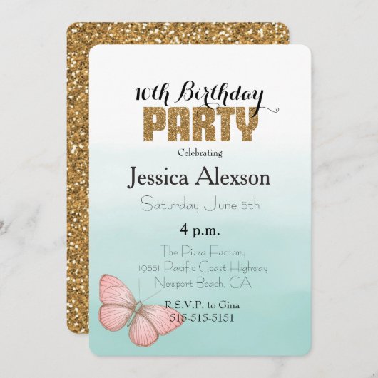 Aqua Mint Roze Vlinder Gouden Glitter Kaart (Voorkant / Achterkant)