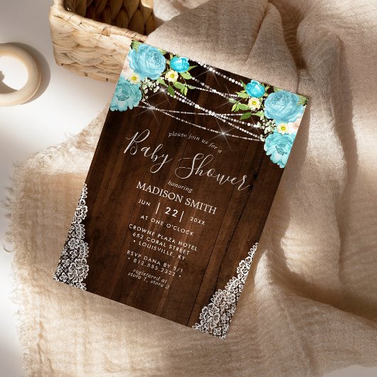 Aqua Mint Rustic String Lights Floral Baby shower Kaart