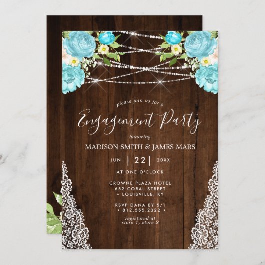 Aqua Mint Rustic String Lights Floral Verloving Kaart (Voorkant / Achterkant)