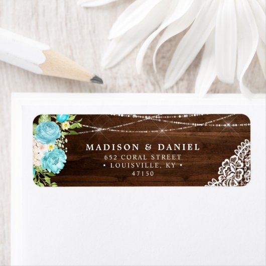 Aqua Mint Rustic Wood String Lights Floral Adres Etiket (Insitu)