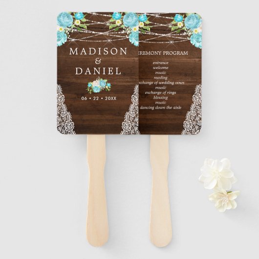 Aqua Mint Rustic Wood String Lights Floral Wedding Handwaaier (Voorkant en achterkant)