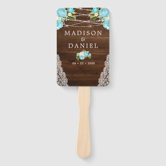 Aqua Mint Rustic Wood String Lights Floral Wedding Handwaaier (Voorkant)