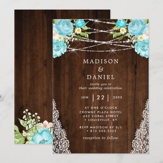 Aqua Mint Rustic Wood String Lights Floral Wedding Kaart (Voorkant / Achterkant)
