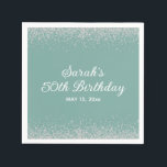 Aqua Mint Silver Diamond Glitter 50th Birthday Servet<br><div class="desc">Creëer uw eigen elegante aqua / mint verjaardagsfeestje op maat gemaakte papieren servetten met sprankelende glitter en witte kalligrafie / scripttekst. Gepersonaliseerd met de naam van de eregast en haar leeftijd. Tekst en lettertypen zijn volledig aanpasbaar op dit servet, evenals de achtergrondkleur. Dus ongeacht het thema van uw feestkleur of...</div>