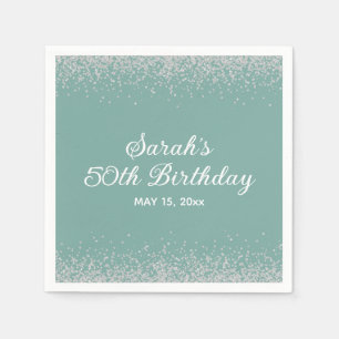 Aqua Mint Silver Diamond Glitter 50th Birthday Servet
