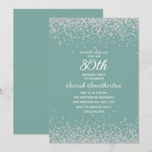 Aqua Mint Silver Diamond Glitter 80th Birthday Kaart (Voorkant / Achterkant)