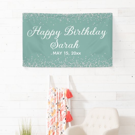 Aqua Mint Silver Diamond Glitter Happy Birthday Spandoek (Insitu)