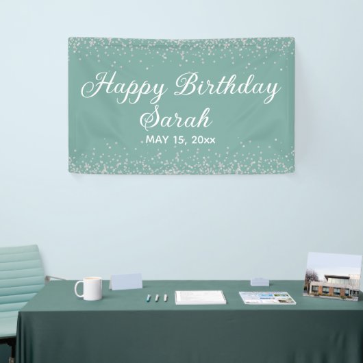 Aqua Mint Silver Diamond Glitter Happy Birthday Spandoek (Beurs)