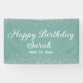 Aqua Mint Silver Diamond Glitter Happy Birthday Spandoek (Horizontaal)
