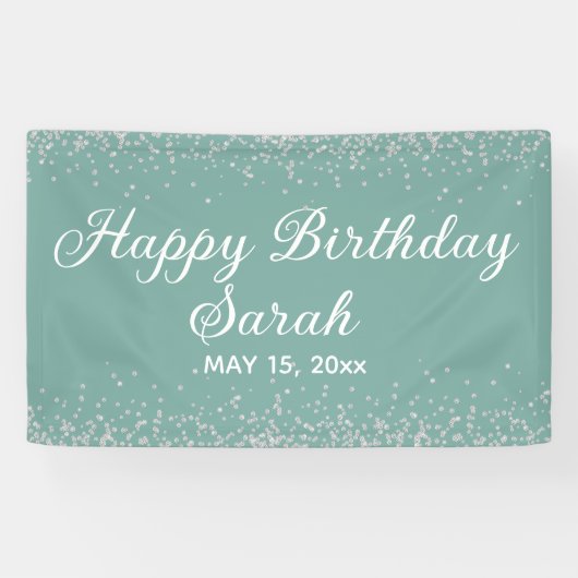 Aqua Mint Silver Diamond Glitter Happy Birthday Spandoek (Horizontaal)