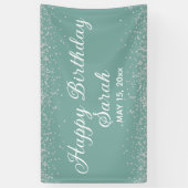 Aqua Mint Silver Diamond Glitter Happy Birthday Spandoek (Verticaal)