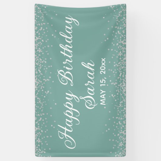 Aqua Mint Silver Diamond Glitter Happy Birthday Spandoek (Verticaal)