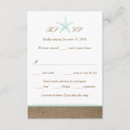 Aqua Mint Starfish Burlap Beach Wedding RSVP-kaart RSVP Kaartje