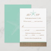 Aqua Mint Starfish Burlap Beach Wedding RSVP-kaart RSVP Kaartje (Voorkant / Achterkant)