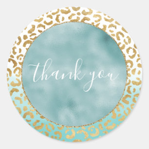Aqua Mint Waterverf Gouden Luipaard Print Ronde Sticker
