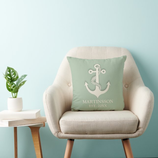 Aqua Mint White Anchor Name Date Nautical Kussen (Stoel)
