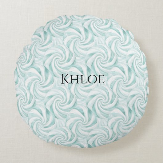 Aqua Mint White Swirls Kerstmis Rond Kussen (Voorkant)