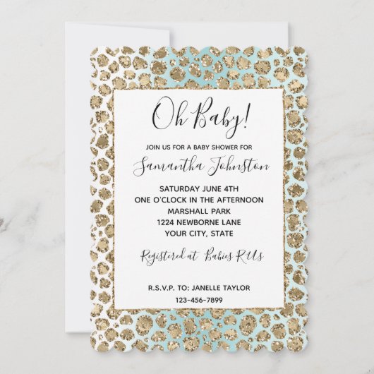 Aqua Mint Wit Goud Glam Glitter Luipaard Kaart (Voorkant)