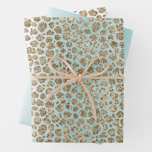 Aqua Mint Wit Goud Glitter Luipaard Inpakpapier Vel (In situ)