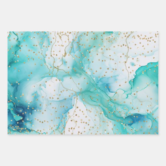 Aqua Mint Wit Goud Kerstboom Inpakpapier Vel (Voorkant 3)