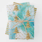 Aqua Mint Wit Goud Kerstboom Inpakpapier Vel (In situ)