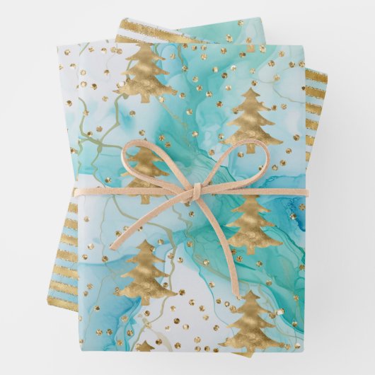 Aqua Mint Wit Goud Kerstboom Inpakpapier Vel (In situ)