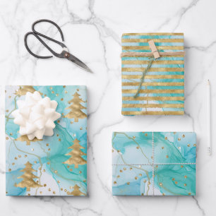 Aqua Mint Wit Goud Kerstboom Inpakpapier Vel