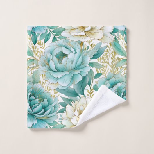 Aqua Mint Witte Bloemen Bad Handdoek (Wasdoekje)