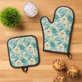 Aqua Mint Witte Bloemen Bruiloft Ovenwant & Pannenlap Set