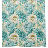 Aqua Mint Witte Bloemen Douchegordijn (Voorkant)