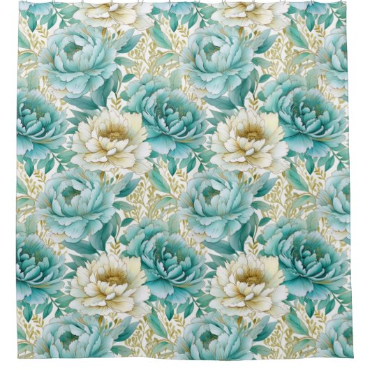 Aqua Mint Witte Bloemen Douchegordijn (Voorkant)