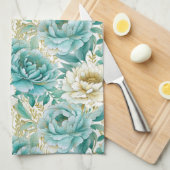Aqua Mint Witte Bloemen Theedoek (Quarter Fold)