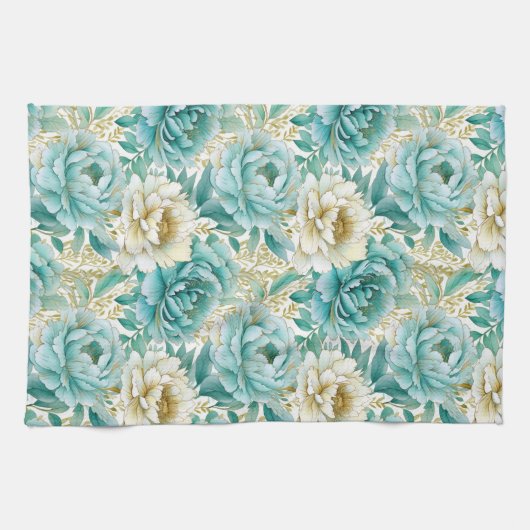 Aqua Mint Witte Bloemen Theedoek (Horizontaal)