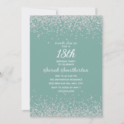 Aqua Mint Zilver Diamant Glitter 18e Verjaardag Kaart (Voorkant)