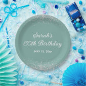 Aqua Mint Zilver Diamant Glitter 50ste Verjaardag Papieren Bordje (Feest)